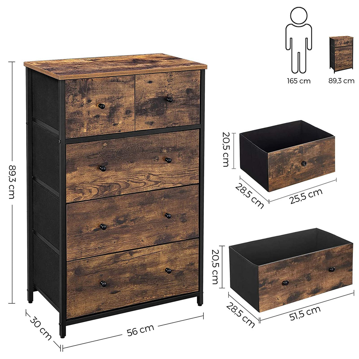 Ladekast met 5 Stoffen Lades en MDF-fronten, Vintagebruin, 56 x 30 x 93 cm