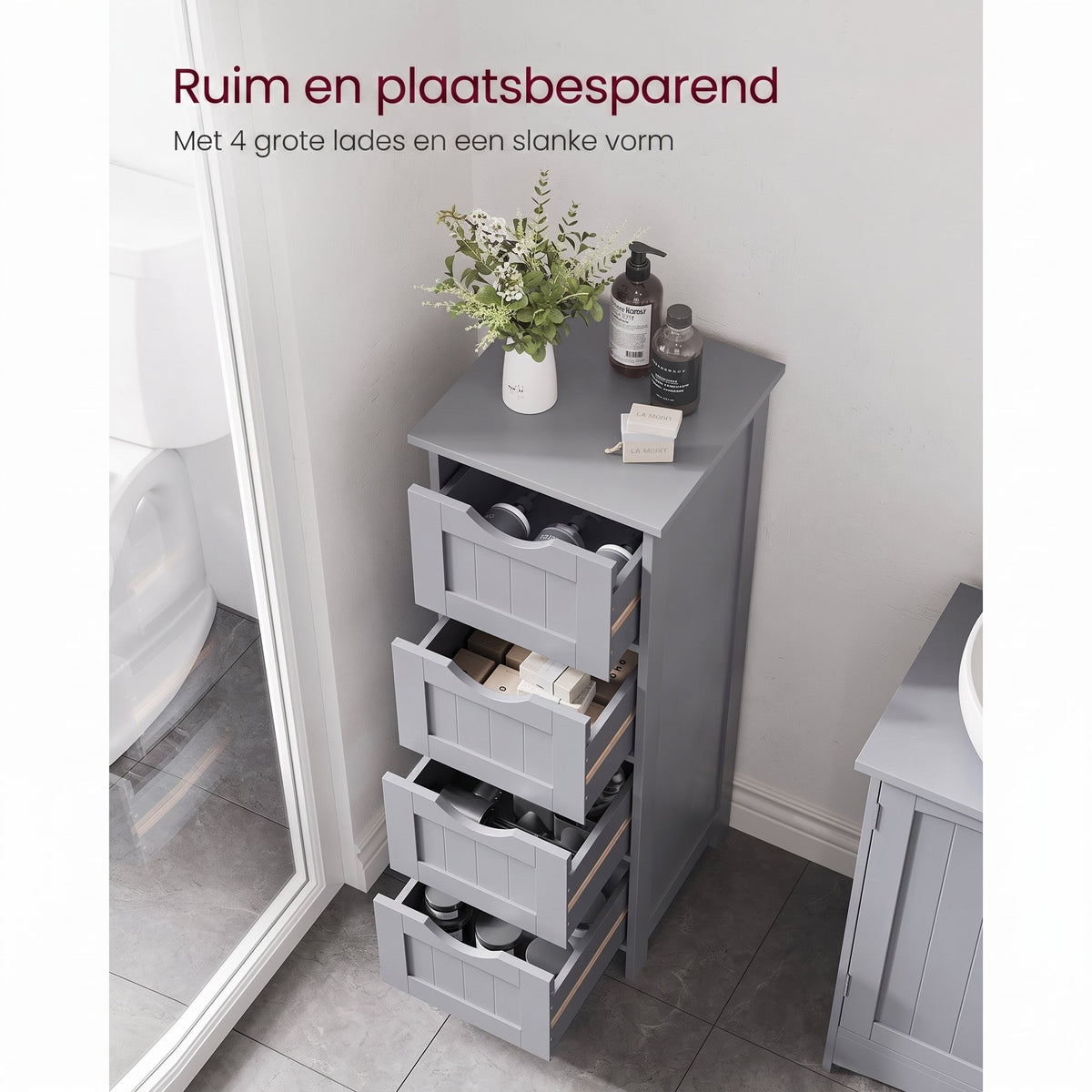 Smalle Badkamerkast met 4 Lades in Landelijke Stijl, 30 x 30 x 82 cm