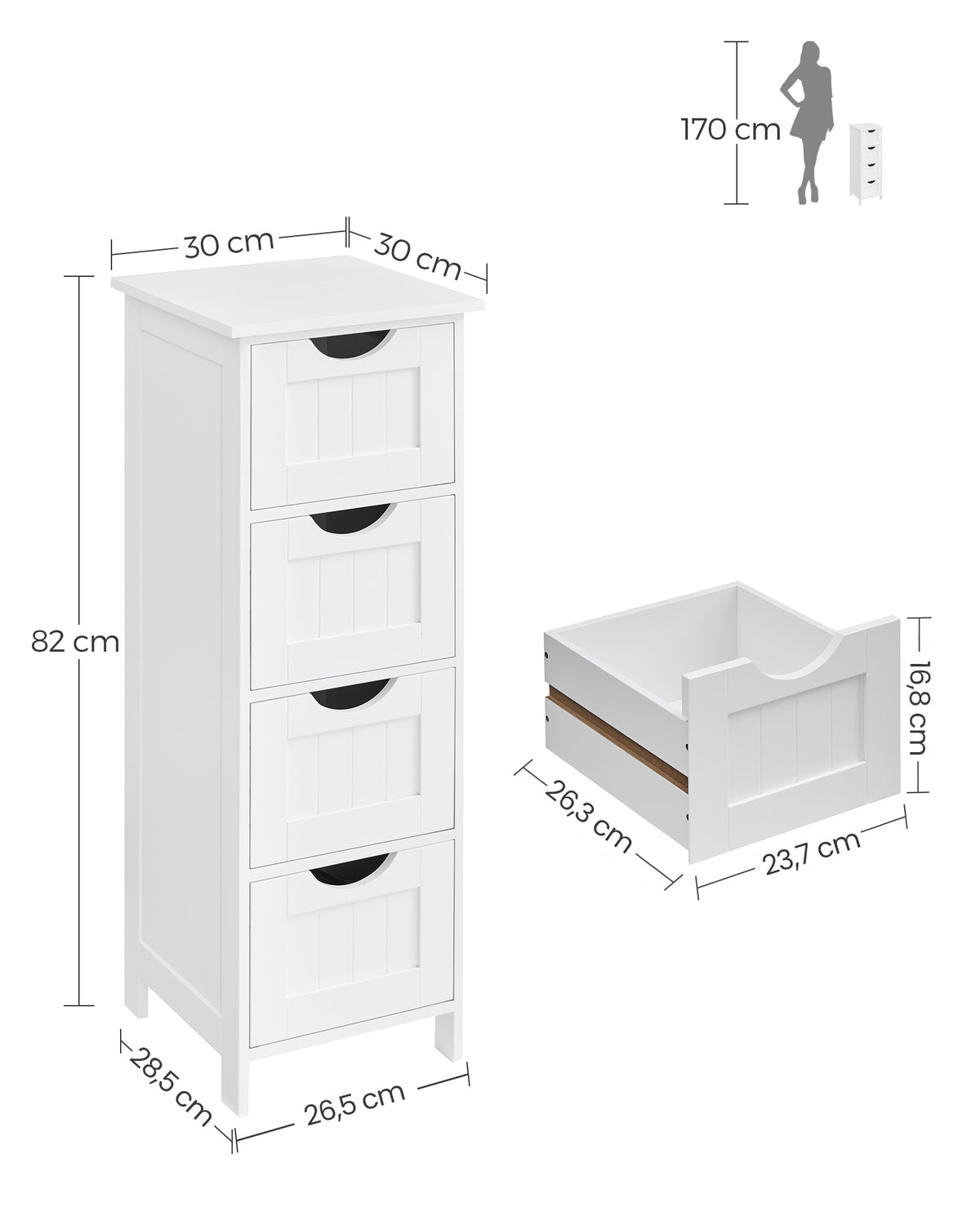 Smalle Badkamerkast met 4 Lades in Landelijke Stijl, 30 x 30 x 82 cm