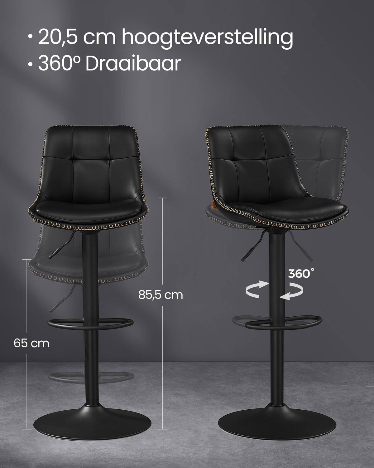 Set van 2 Barkrukken met Rugleuning en Voetsteun, in Hoogte Verstelbaar en 360° Draaibaar, Zithoogte 62-84 cm