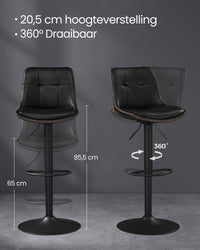 Set van 2 Barkrukken met Rugleuning en Voetsteun, in Hoogte Verstelbaar en 360° Draaibaar, Zithoogte 62-84 cm