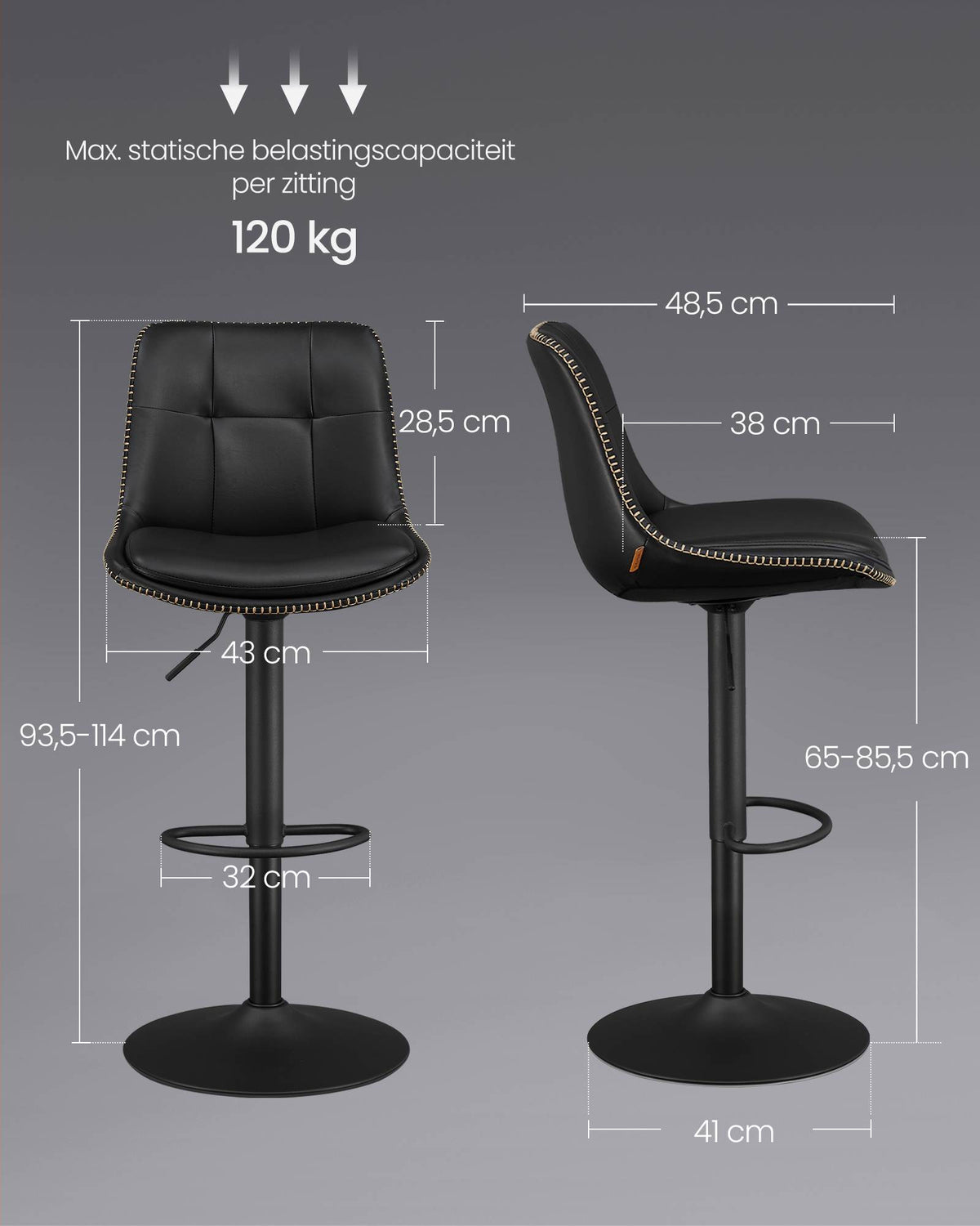 Set van 2 Barkrukken met Rugleuning en Voetsteun, in Hoogte Verstelbaar en 360° Draaibaar, Zithoogte 62-84 cm