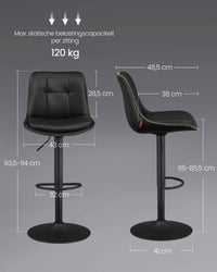 Set van 2 Barkrukken met Rugleuning en Voetsteun, in Hoogte Verstelbaar en 360° Draaibaar, Zithoogte 62-84 cm