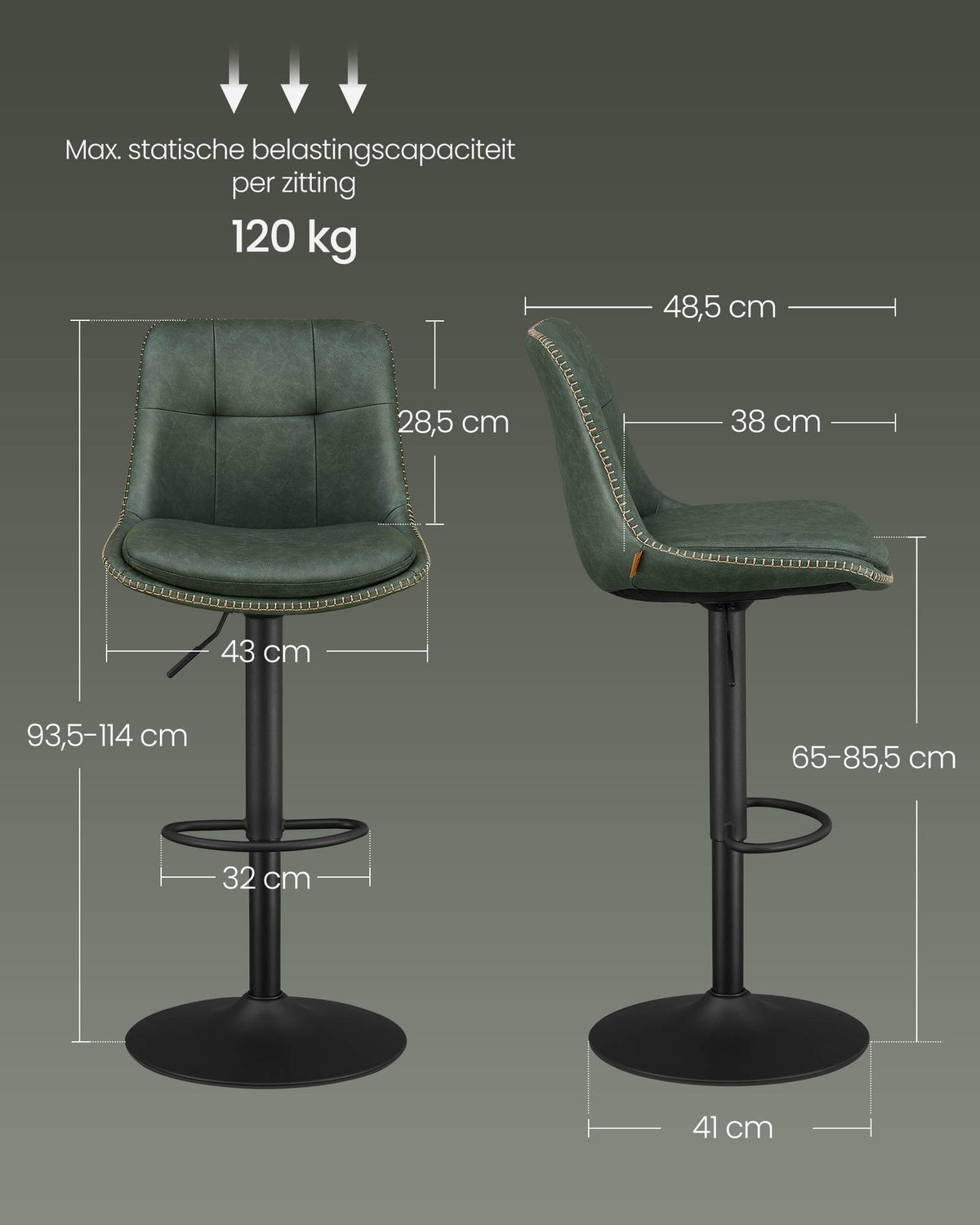 Set van 2 Barkrukken met Rugleuning en Voetsteun, in Hoogte Verstelbaar en 360° Draaibaar, Zithoogte 62-84 cm