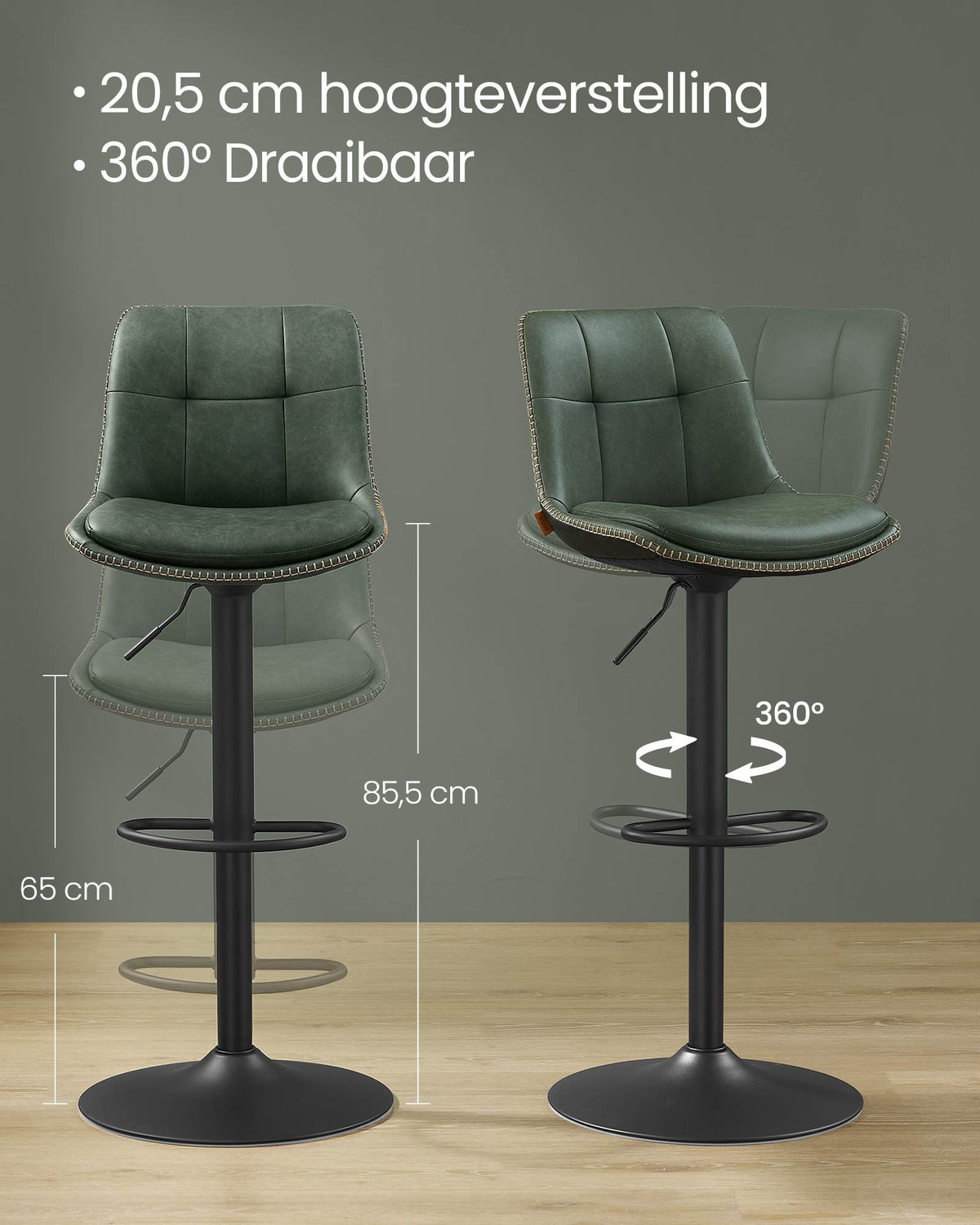 Set van 2 Barkrukken met Rugleuning en Voetsteun, in Hoogte Verstelbaar en 360° Draaibaar, Zithoogte 62-84 cm