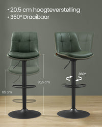 Set van 2 Barkrukken met Rugleuning en Voetsteun, in Hoogte Verstelbaar en 360° Draaibaar, Zithoogte 62-84 cm