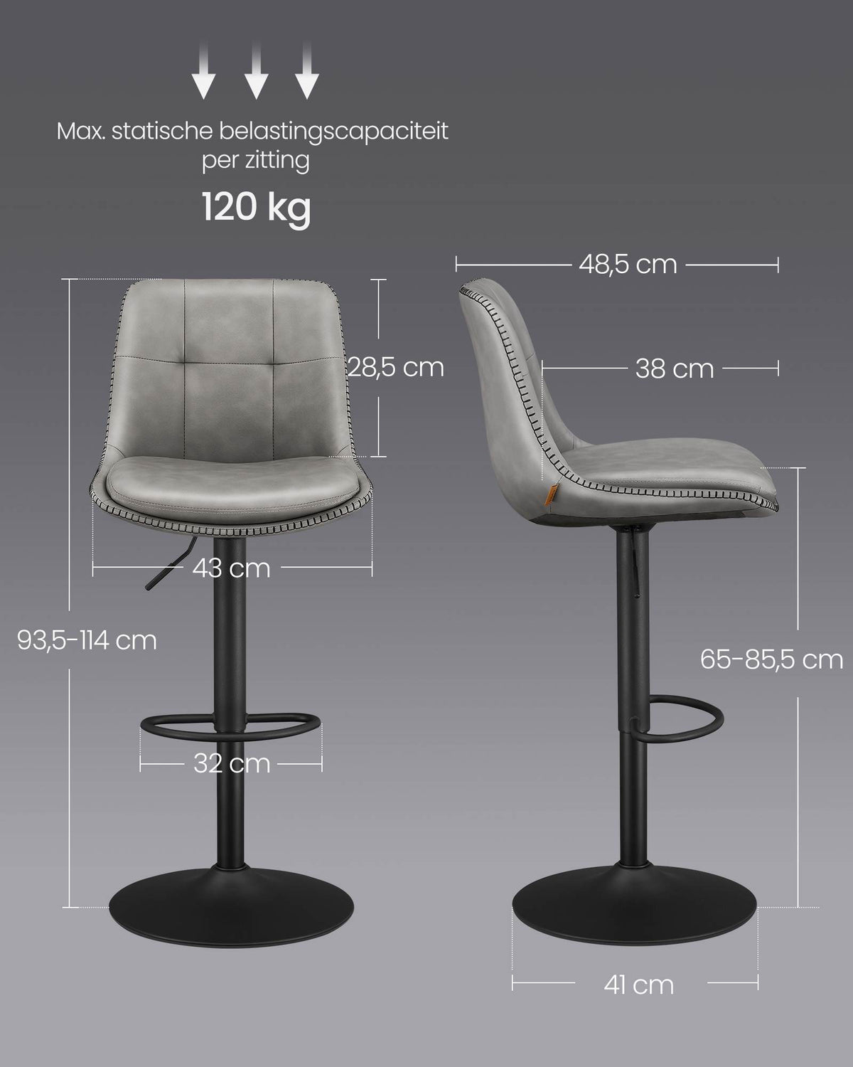 Set van 2 Barkrukken met Rugleuning en Voetsteun, in Hoogte Verstelbaar en 360° Draaibaar, Zithoogte 62-84 cm