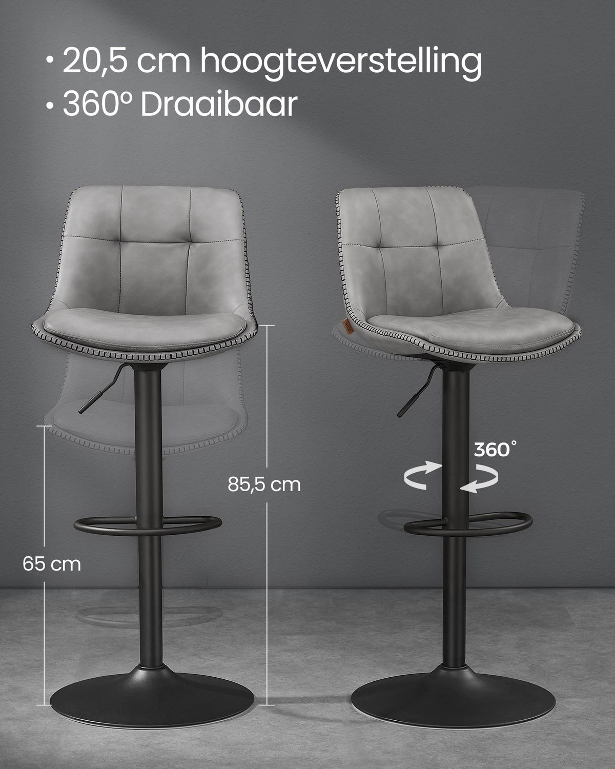 Set van 2 Barkrukken met Rugleuning en Voetsteun, in Hoogte Verstelbaar en 360° Draaibaar, Zithoogte 62-84 cm