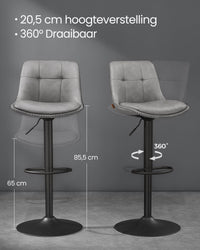 Set van 2 Barkrukken met Rugleuning en Voetsteun, in Hoogte Verstelbaar en 360° Draaibaar, Zithoogte 62-84 cm