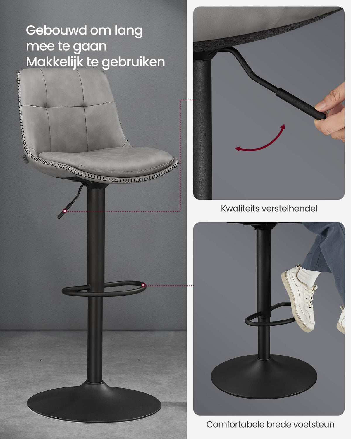 Set van 2 Barkrukken met Rugleuning en Voetsteun, in Hoogte Verstelbaar en 360° Draaibaar, Zithoogte 62-84 cm