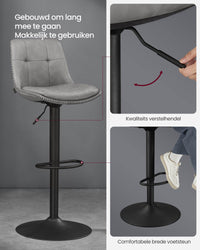 Set van 2 Barkrukken met Rugleuning en Voetsteun, in Hoogte Verstelbaar en 360° Draaibaar, Zithoogte 62-84 cm