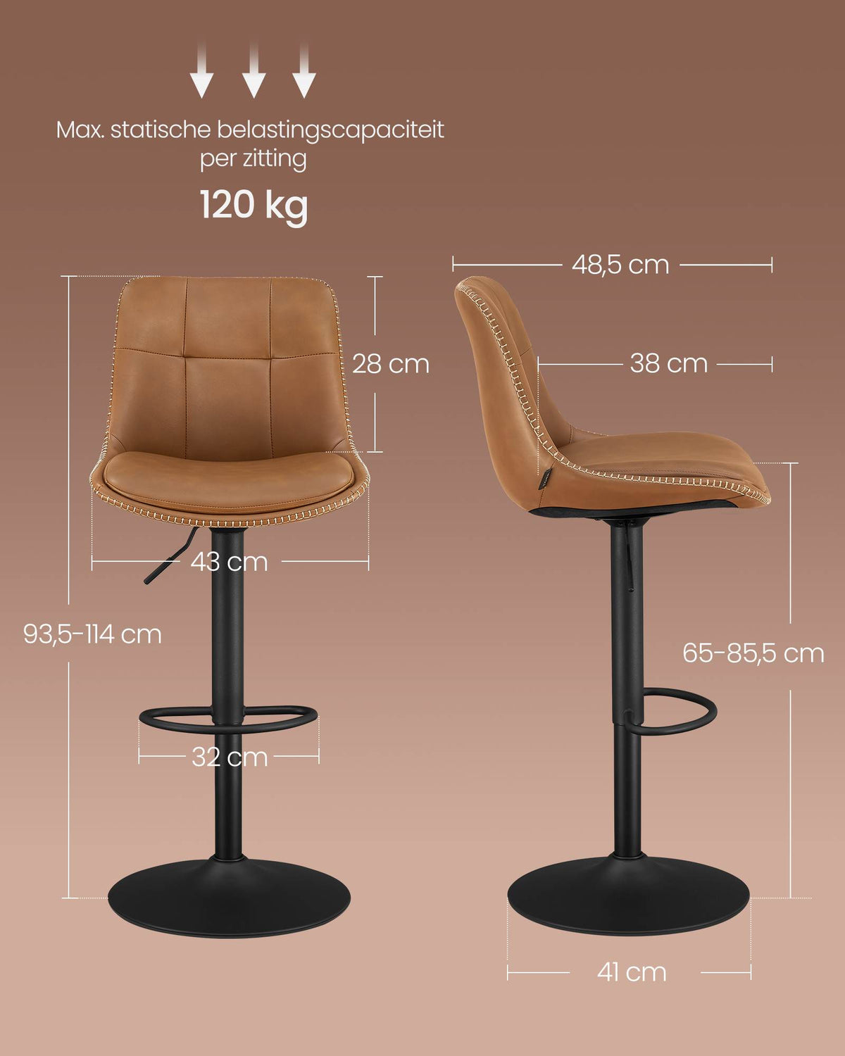 Set van 2 Barkrukken met Rugleuning en Voetsteun, in Hoogte Verstelbaar en 360° Draaibaar, Zithoogte 62-84 cm