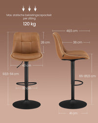 Set van 2 Barkrukken met Rugleuning en Voetsteun, in Hoogte Verstelbaar en 360° Draaibaar, Zithoogte 62-84 cm