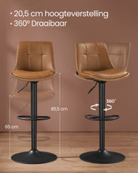 Set van 2 Barkrukken met Rugleuning en Voetsteun, in Hoogte Verstelbaar en 360° Draaibaar, Zithoogte 62-84 cm