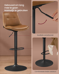 Set van 2 Barkrukken met Rugleuning en Voetsteun, in Hoogte Verstelbaar en 360° Draaibaar, Zithoogte 62-84 cm