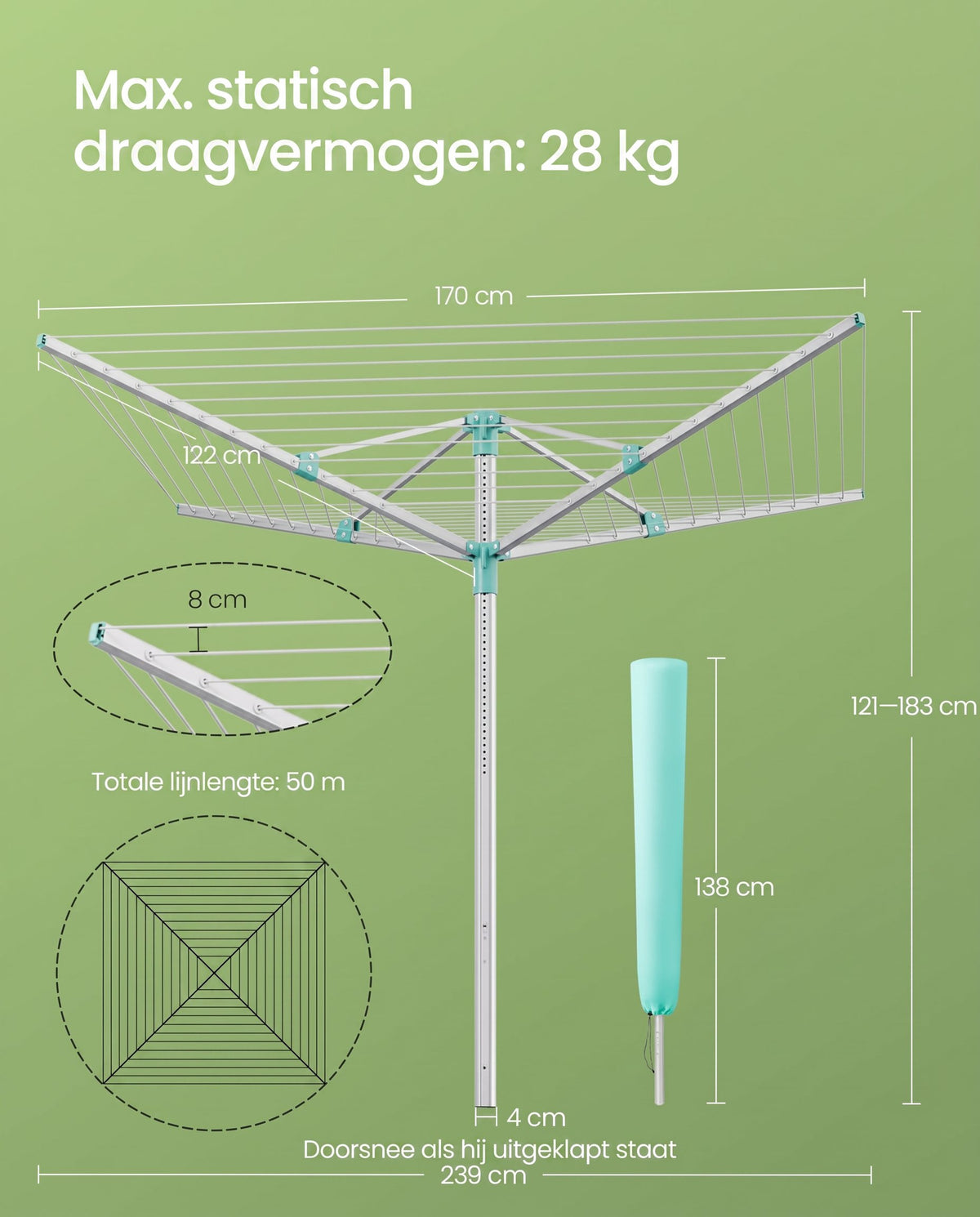 In Hoogte Verstelbare Droogmolen met 50 meter Waslijn