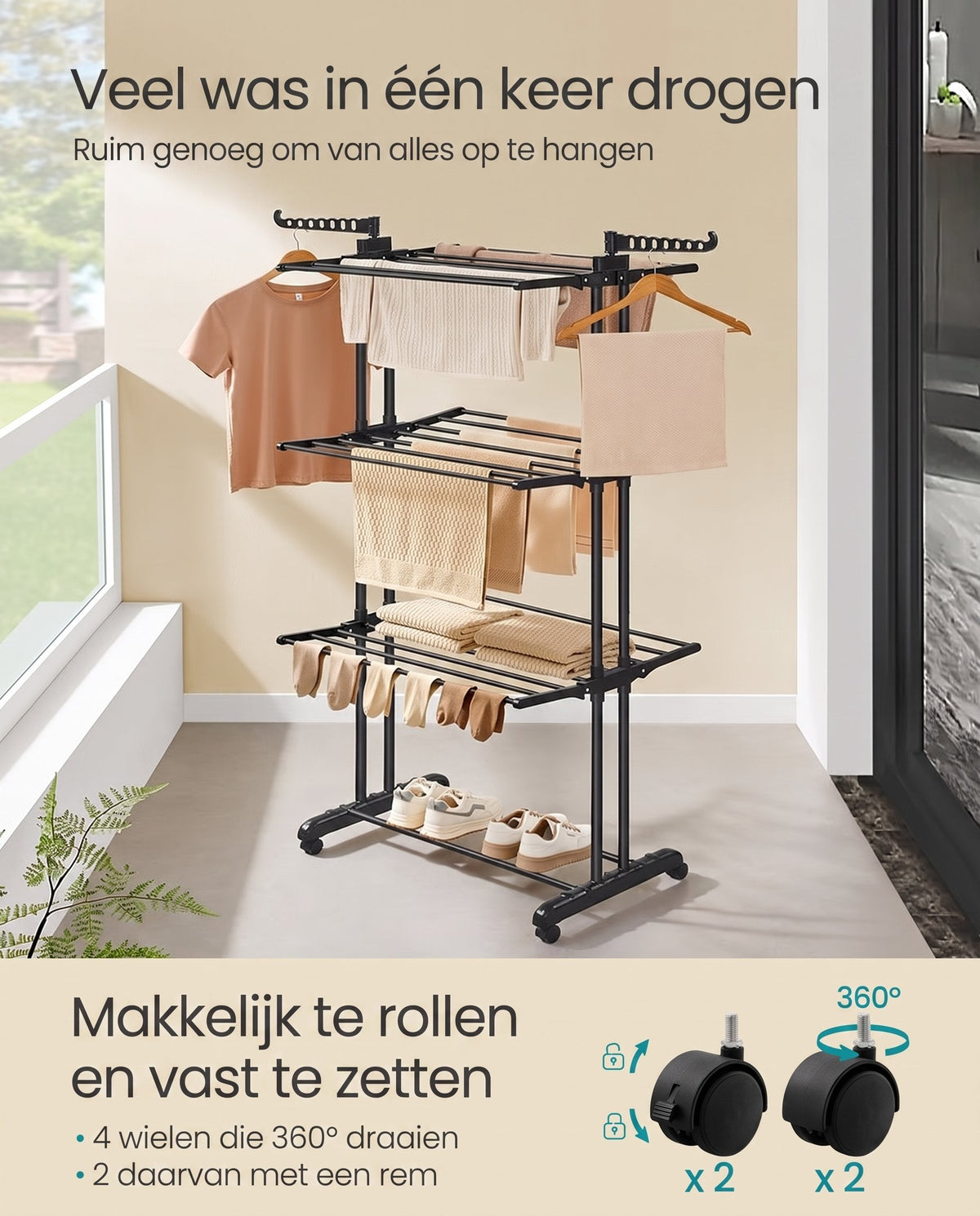 Droogrek met 4 Niveaus, Wielen en Opvouwbare Vleugels, 64 x 126 x 172 cm