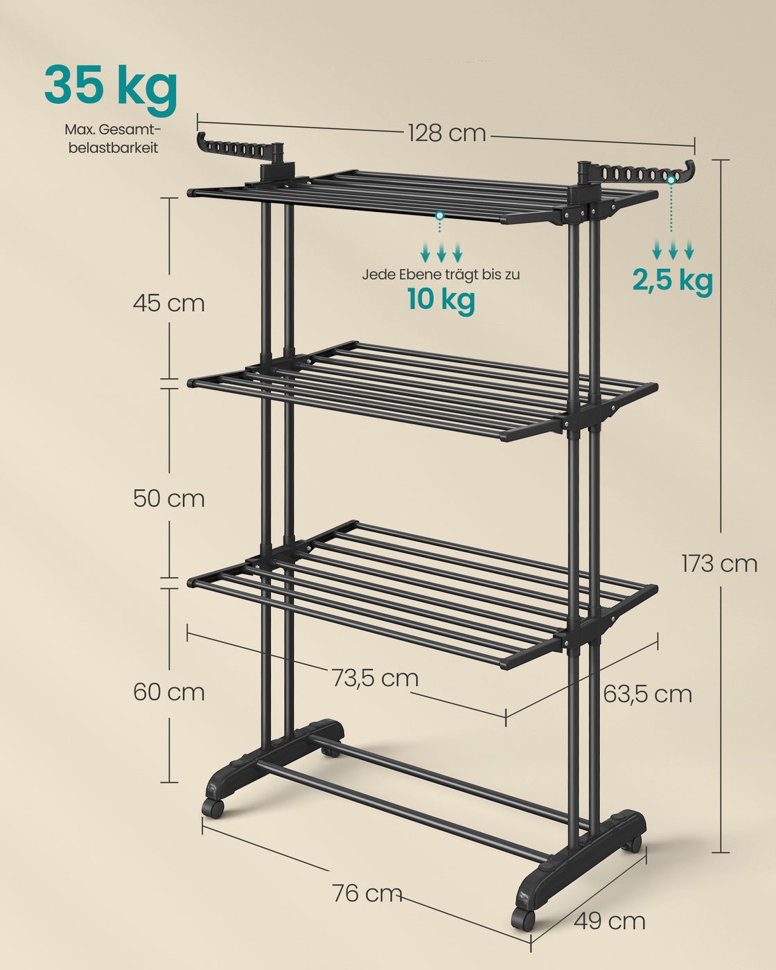 Droogrek met 4 Niveaus, Wielen en Opvouwbare Vleugels, 64 x 126 x 172 cm