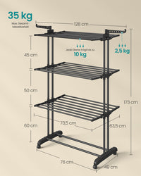 Droogrek met 4 Niveaus, Wielen en Opvouwbare Vleugels, 64 x 126 x 172 cm