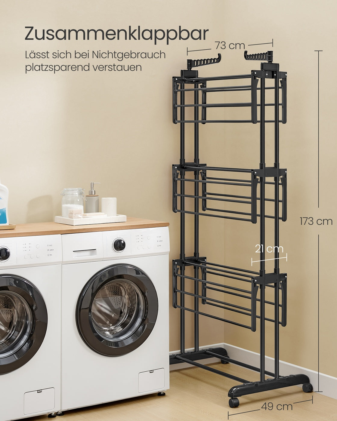 Droogrek met 4 Niveaus, Wielen en Opvouwbare Vleugels, 64 x 126 x 172 cm