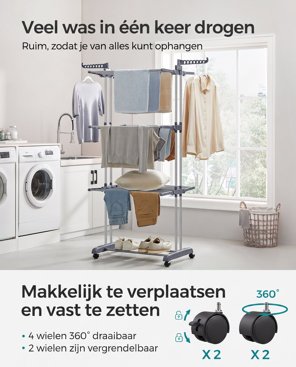 Droogrek met 4 Niveaus, Wielen en Opvouwbare Vleugels, 64 x 126 x 172 cm