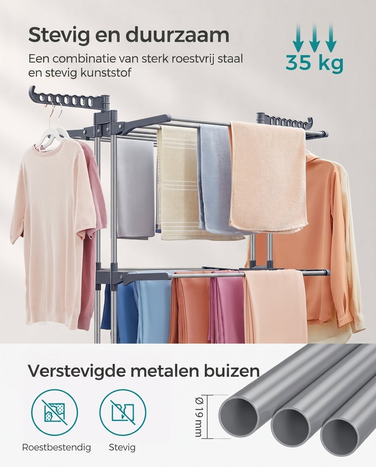Droogrek met 4 Niveaus, Wielen en Opvouwbare Vleugels, 64 x 126 x 172 cm