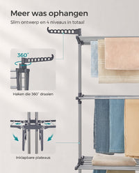 Droogrek met 4 Niveaus, Wielen en Opvouwbare Vleugels, 64 x 126 x 172 cm