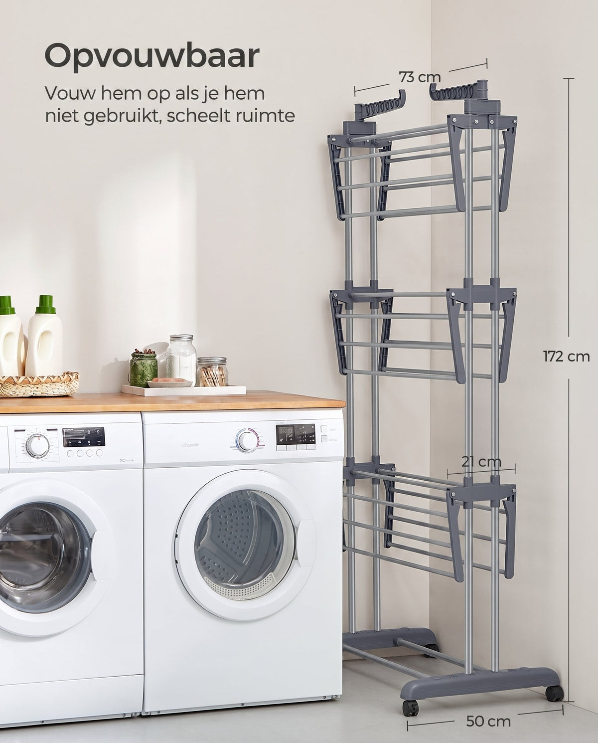 Droogrek met 4 Niveaus, Wielen en Opvouwbare Vleugels, 64 x 126 x 172 cm