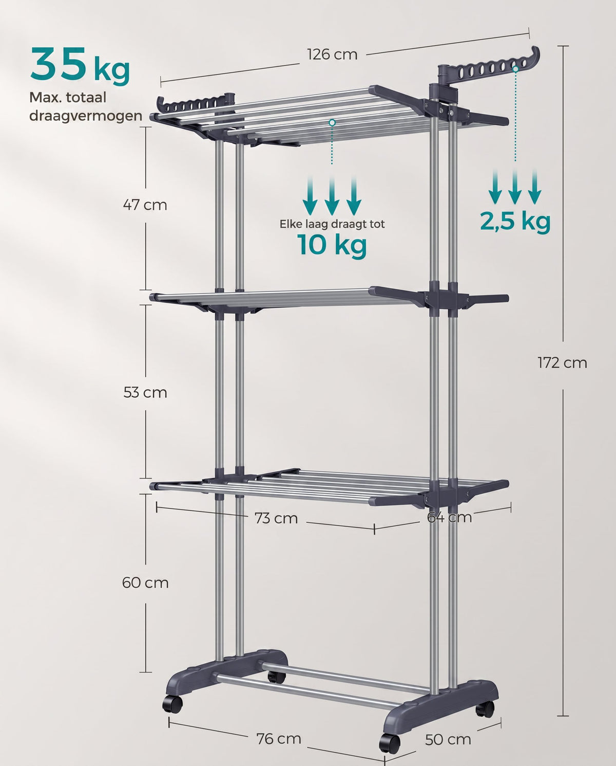 Droogrek met 4 Niveaus, Wielen en Opvouwbare Vleugels, 64 x 126 x 172 cm