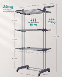 Droogrek met 4 Niveaus, Wielen en Opvouwbare Vleugels, 64 x 126 x 172 cm