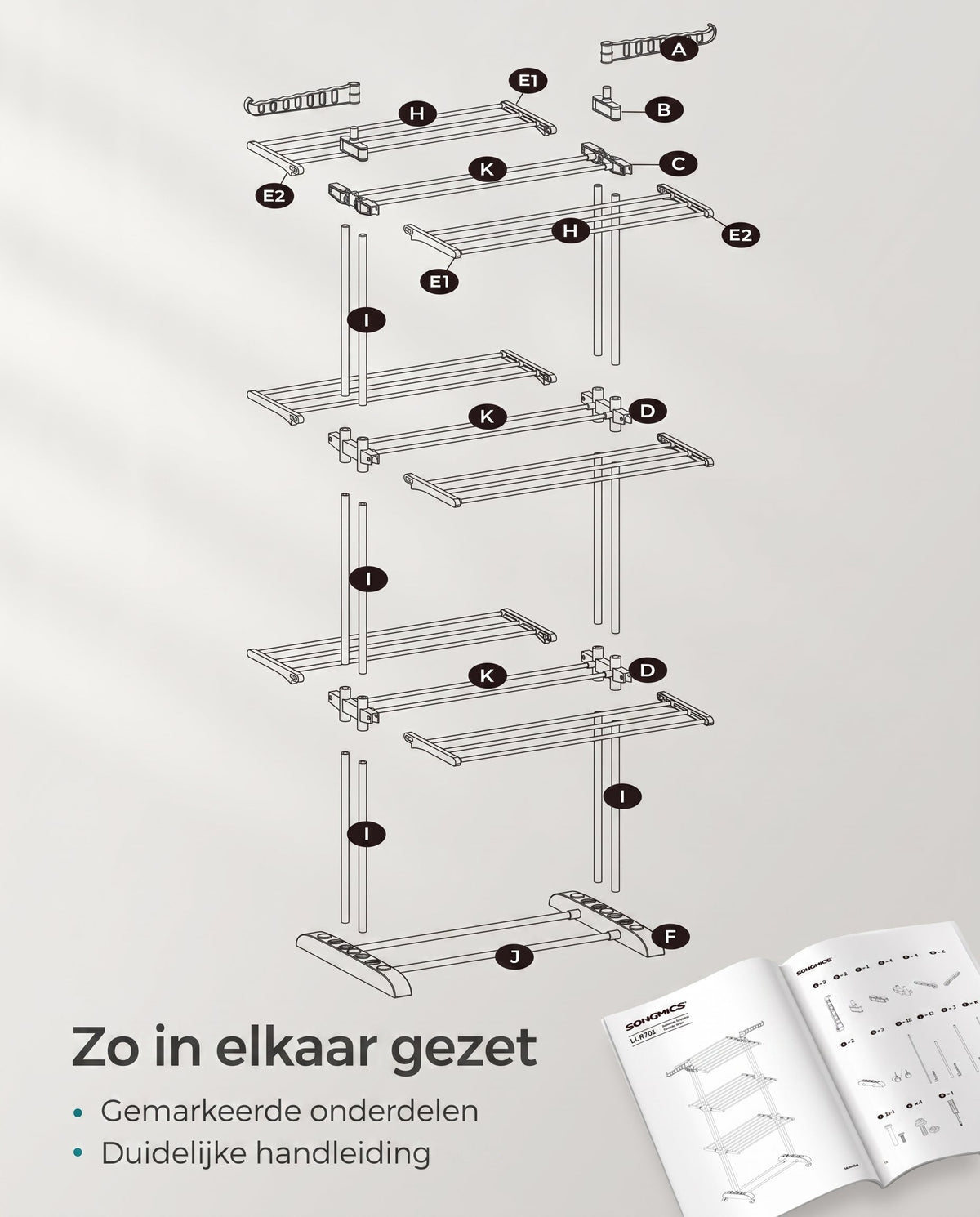 Droogrek met 4 Niveaus, Wielen en Opvouwbare Vleugels, 64 x 126 x 172 cm
