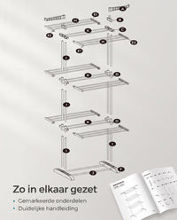 Droogrek met 4 Niveaus, Wielen en Opvouwbare Vleugels, 64 x 126 x 172 cm