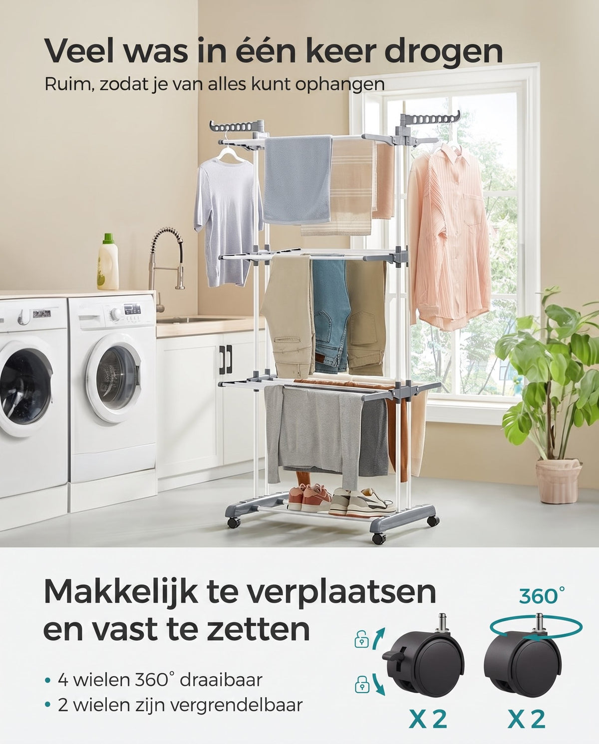 Droogrek met 4 Niveaus, Wielen en Opvouwbare Vleugels, 64 x 126 x 172 cm