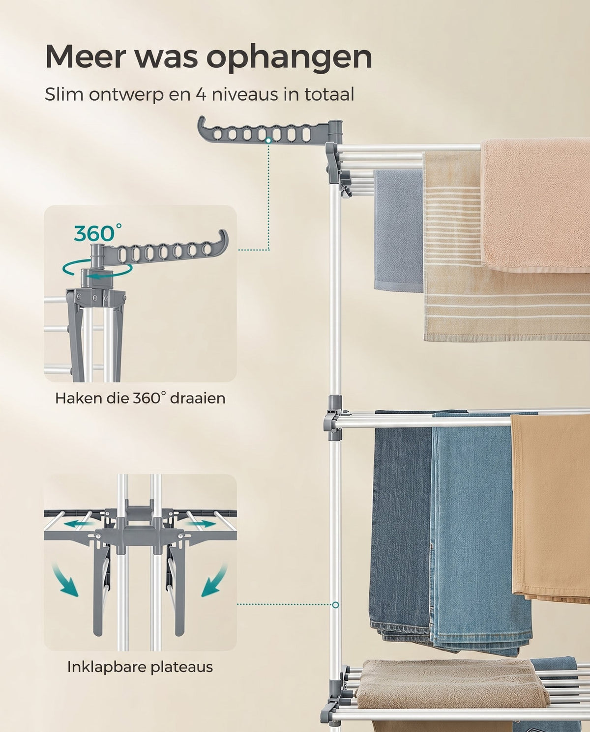 Droogrek met 4 Niveaus, Wielen en Opvouwbare Vleugels, 64 x 126 x 172 cm