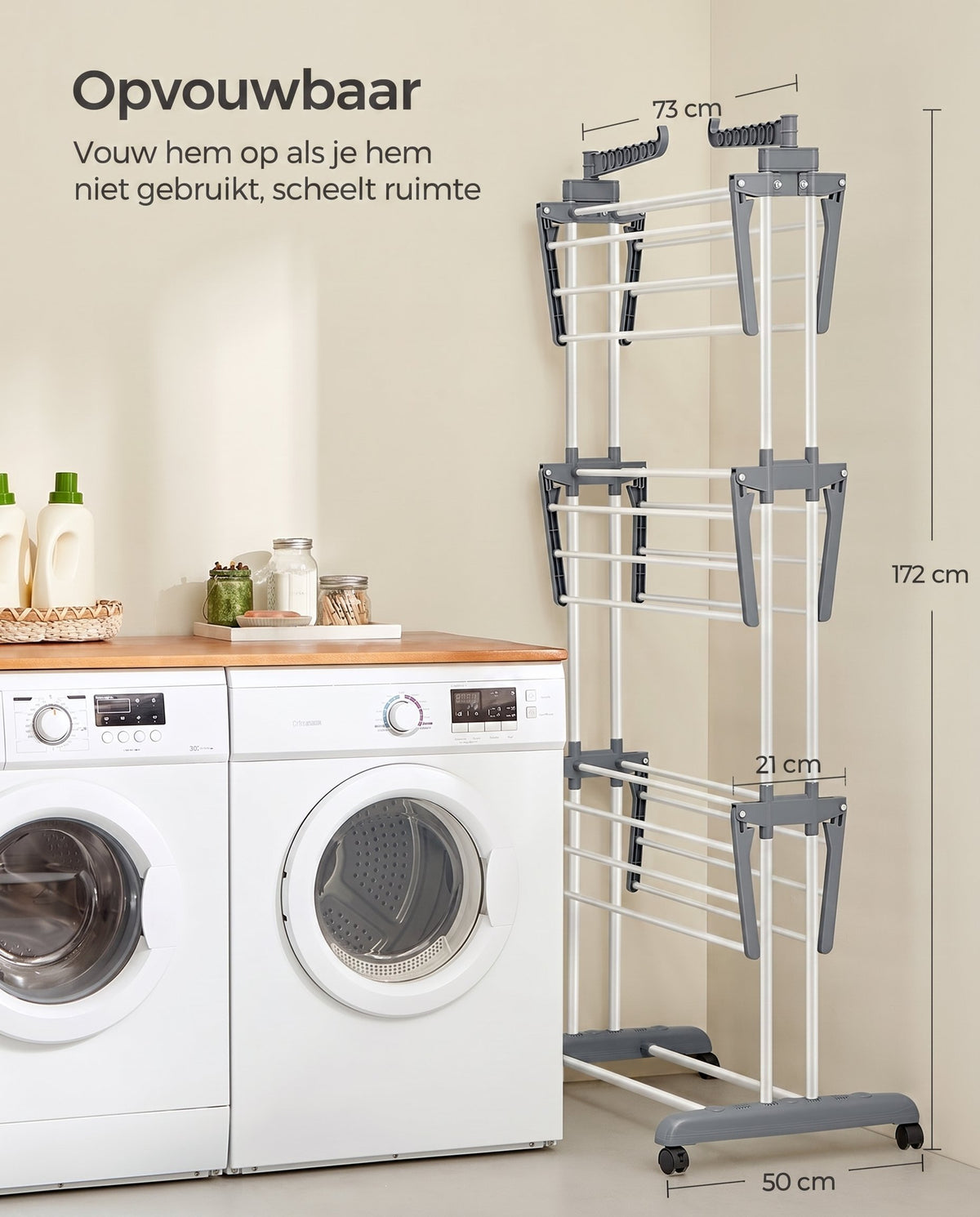 Droogrek met 4 Niveaus, Wielen en Opvouwbare Vleugels, 64 x 126 x 172 cm