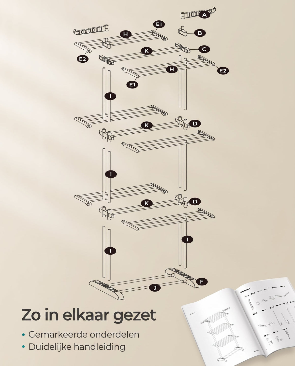 Droogrek met 4 Niveaus, Wielen en Opvouwbare Vleugels, 64 x 126 x 172 cm
