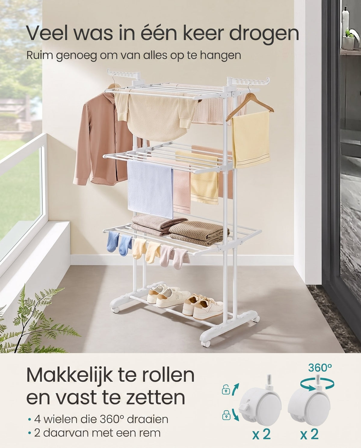 Droogrek met 4 Niveaus, Wielen en Opvouwbare Vleugels, 64 x 126 x 172 cm