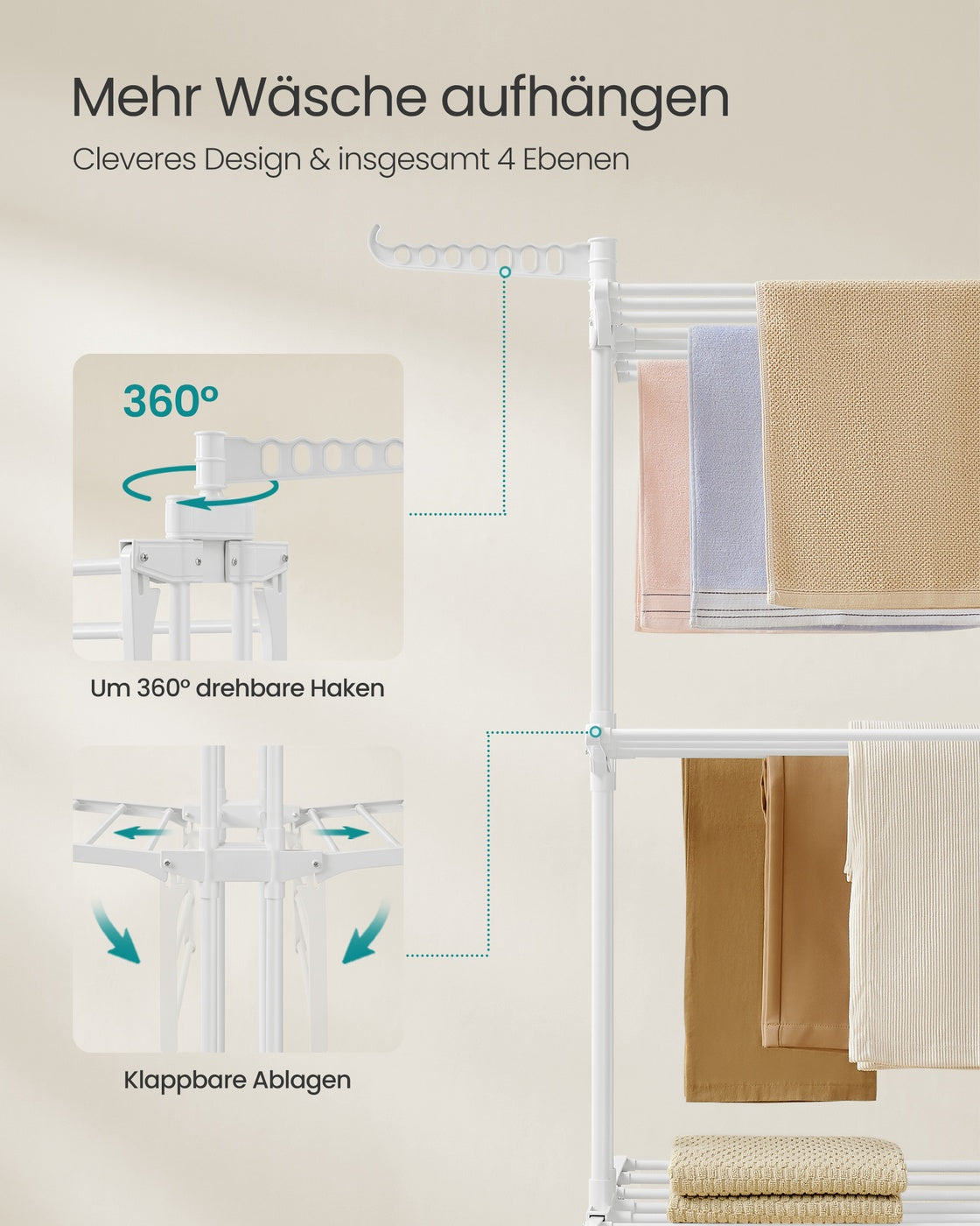 Droogrek met 4 Niveaus, Wielen en Opvouwbare Vleugels, 64 x 126 x 172 cm