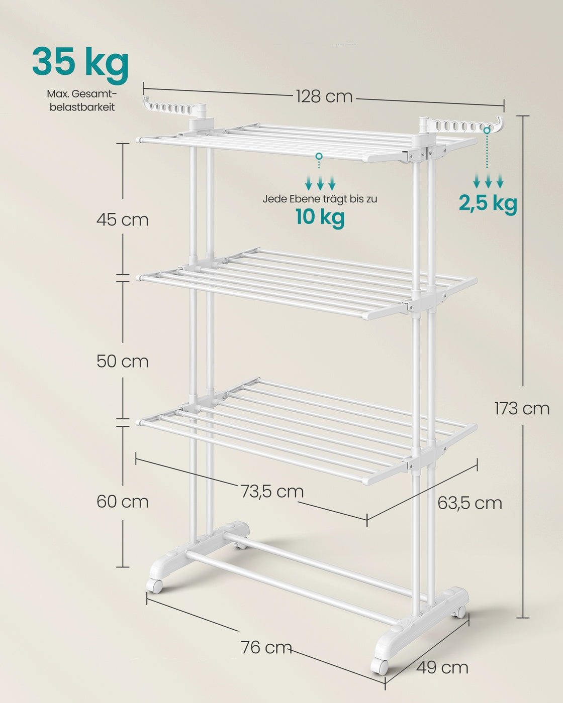 Droogrek met 4 Niveaus, Wielen en Opvouwbare Vleugels, 64 x 126 x 172 cm