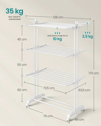 Droogrek met 4 Niveaus, Wielen en Opvouwbare Vleugels, 64 x 126 x 172 cm
