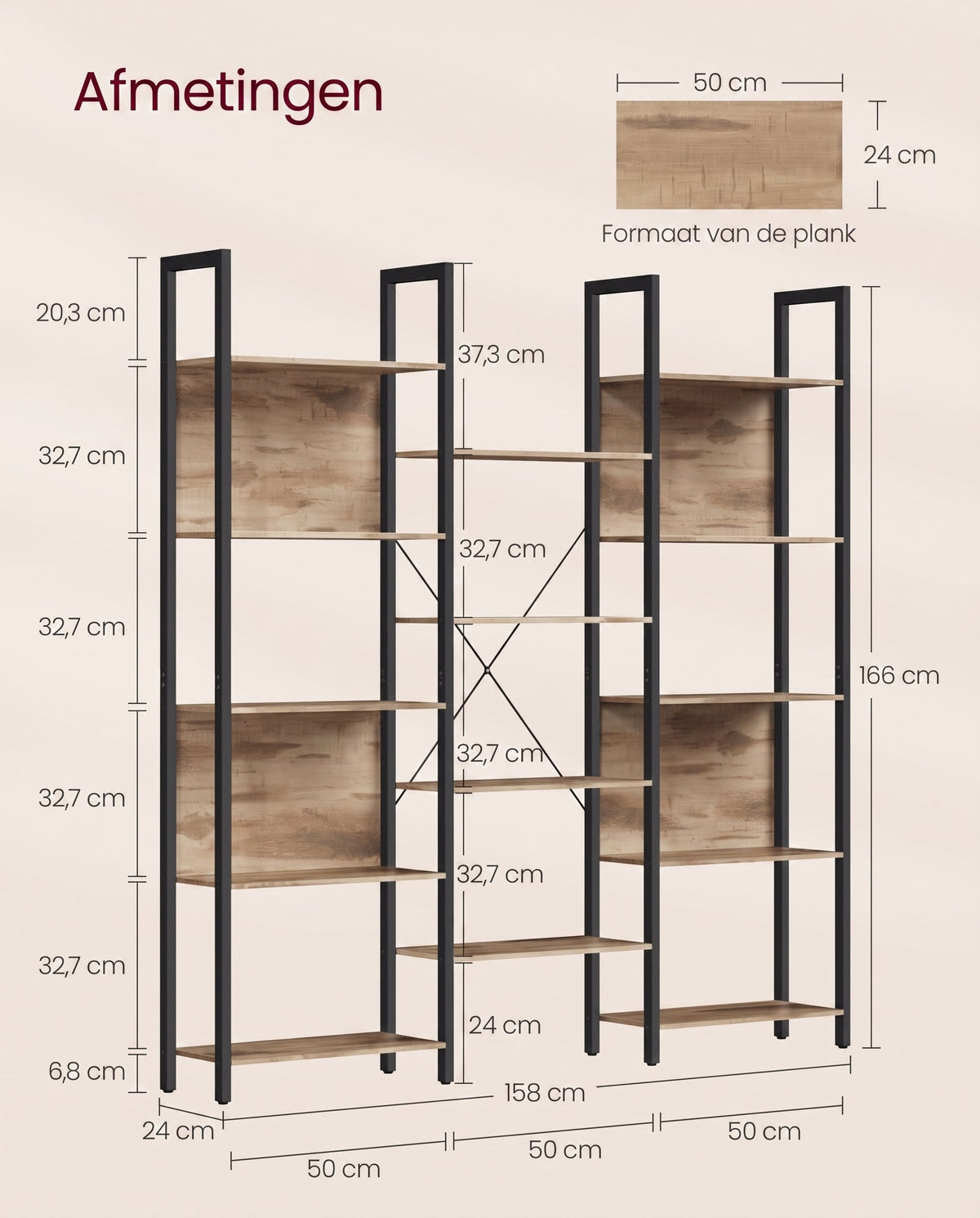 Boekenkast met 14 Planken en Metalen Frame, 158 x 166 cm