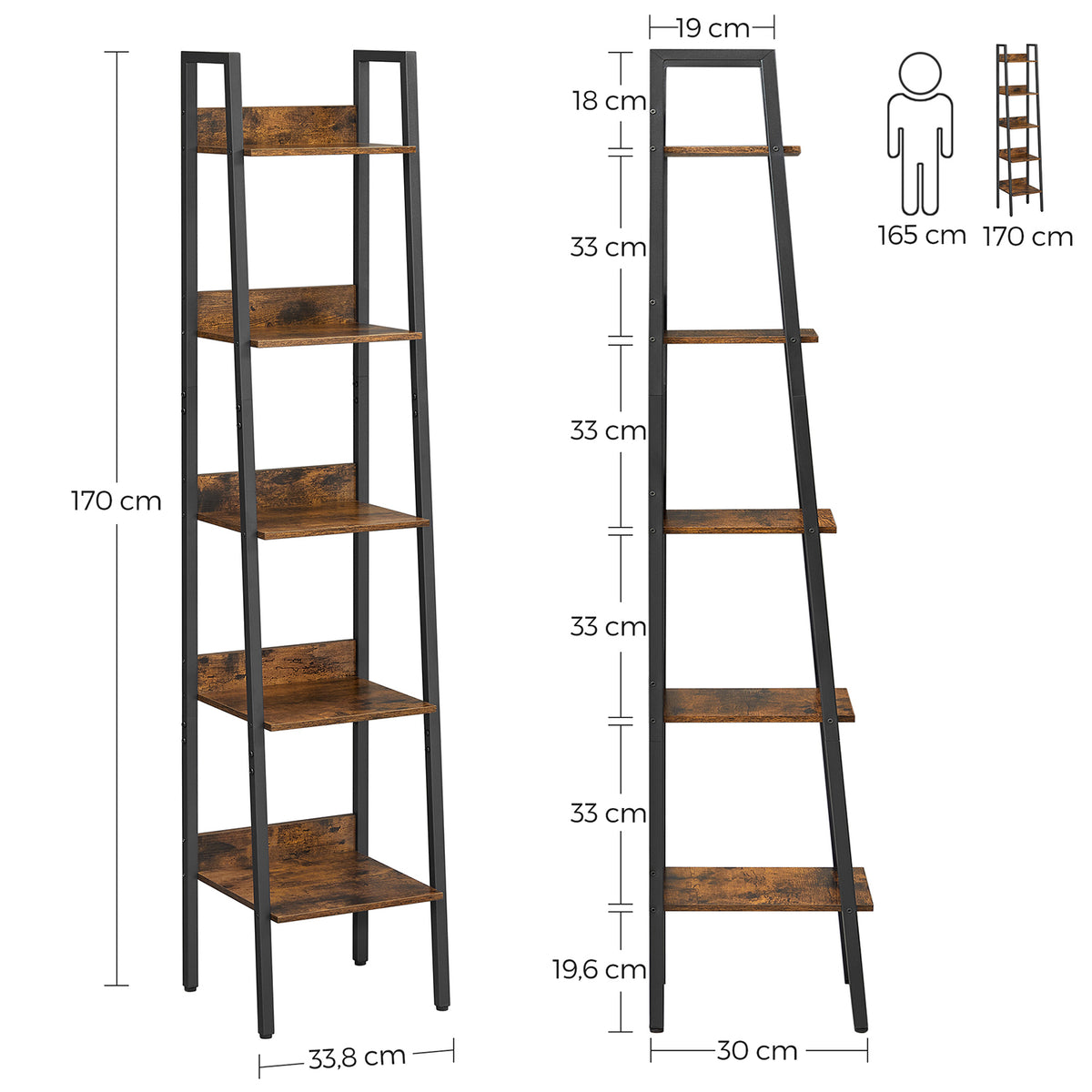 Smalle Boekenkast met 5 Planken en Achterwand, 33,8 x 170 cm