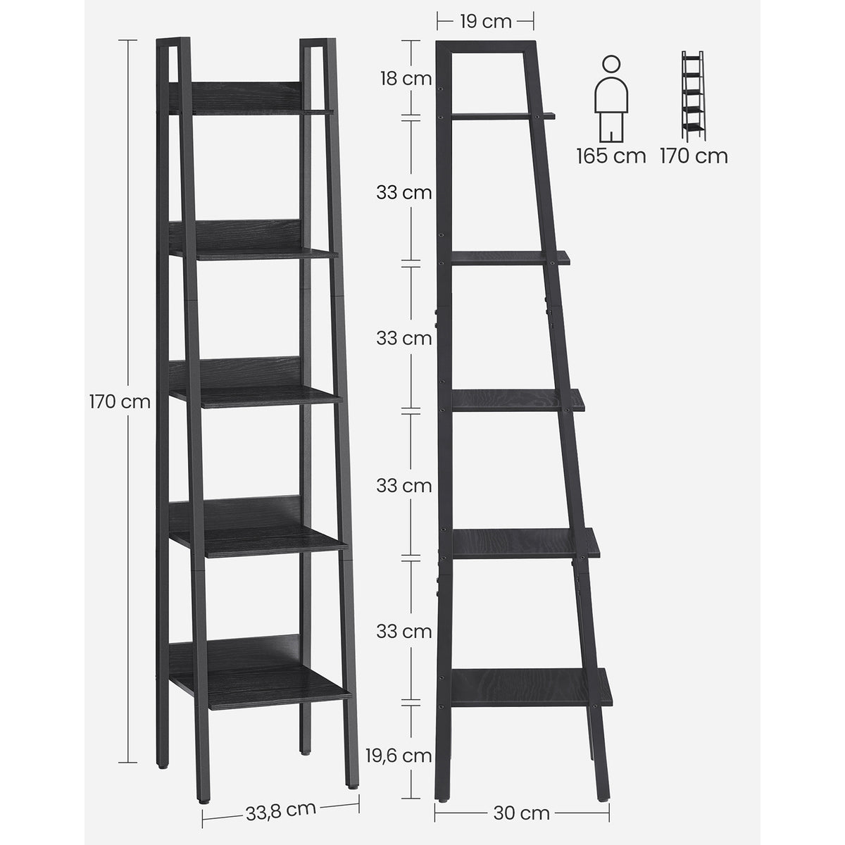 Smalle Boekenkast met 5 Planken en Achterwand, 33,8 x 170 cm