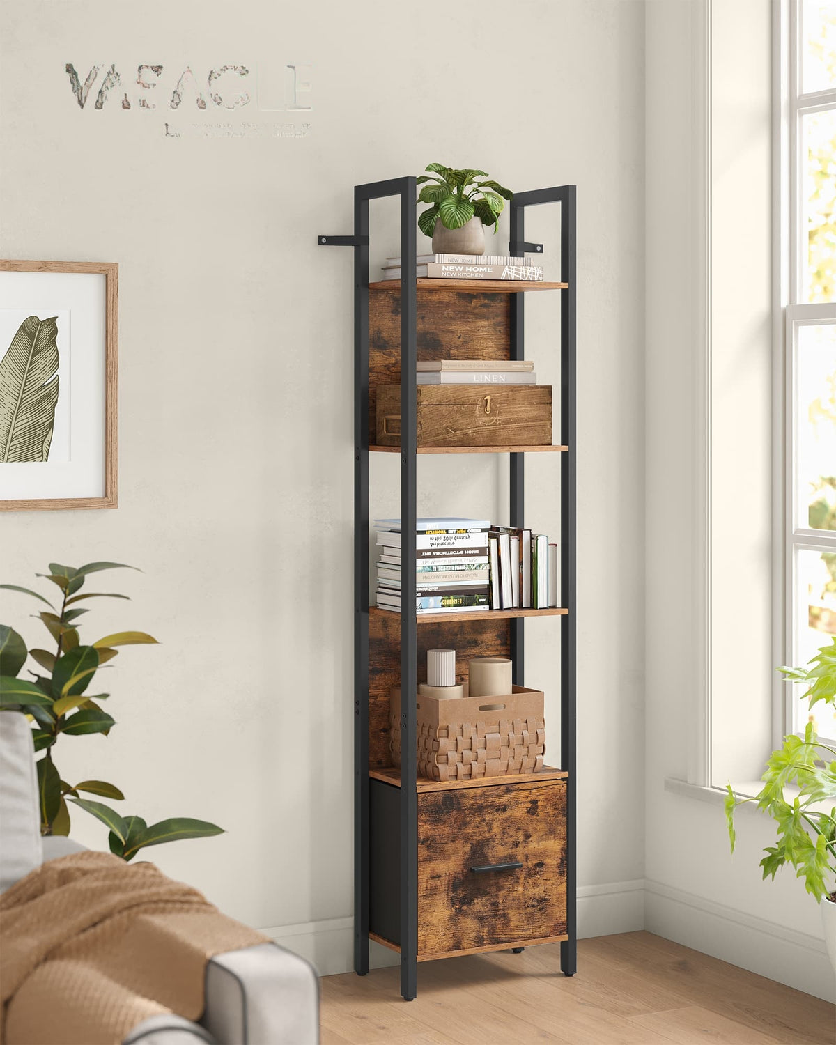 Hoekboekenkast met 5 Planken en Stoffen Lade, 165 cm Hoog