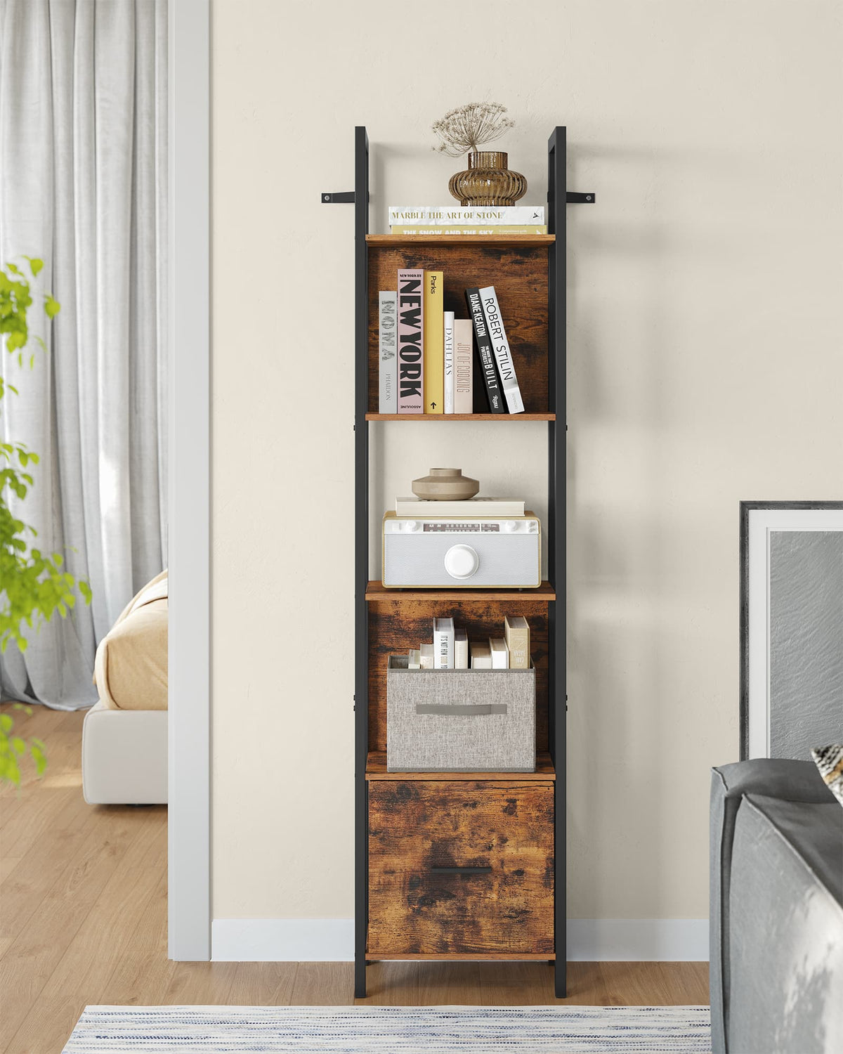 Hoekboekenkast met 5 Planken en Stoffen Lade, 165 cm Hoog