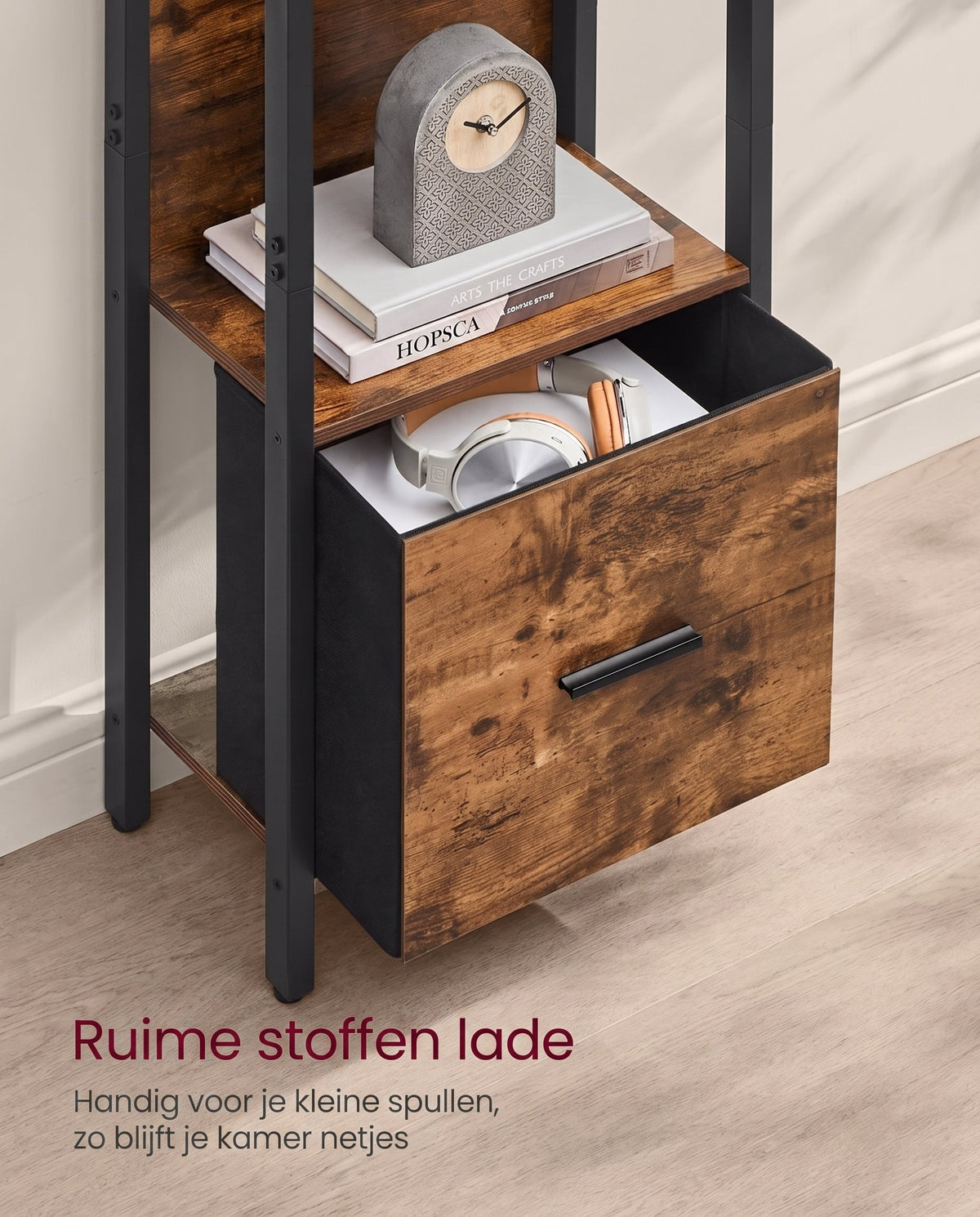 Hoekboekenkast met 5 Planken en Stoffen Lade, 165 cm Hoog