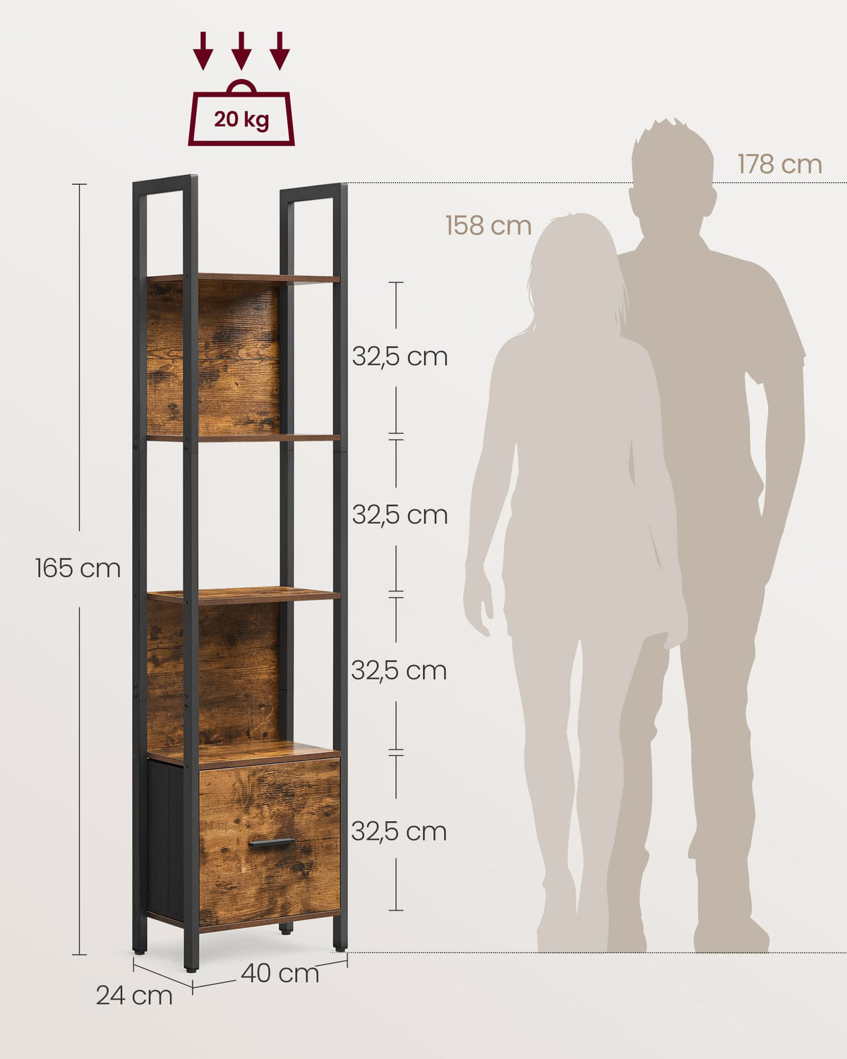 Hoekboekenkast met 5 Planken en Stoffen Lade, 165 cm Hoog