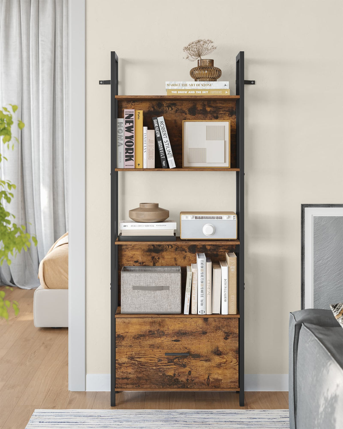 Hoekboekenkast met 5 Planken en Stoffen Lade, 165 cm Hoog