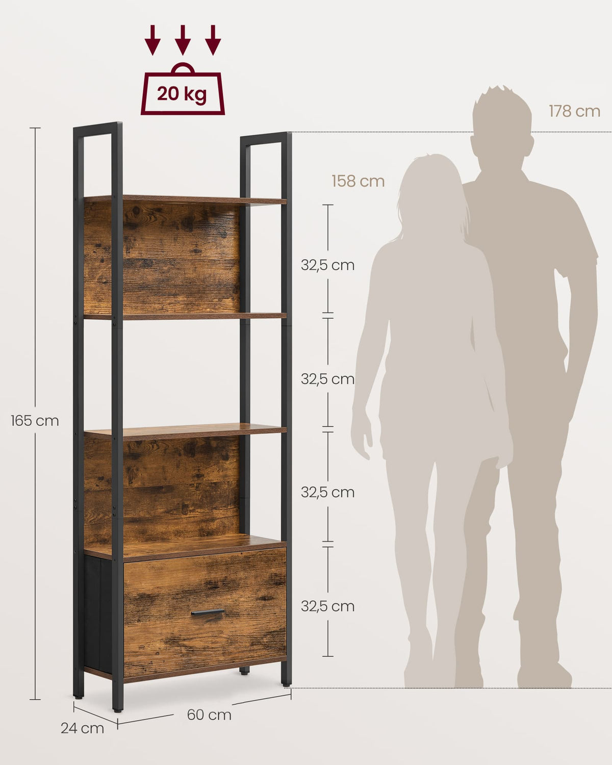 Hoekboekenkast met 5 Planken en Stoffen Lade, 165 cm Hoog