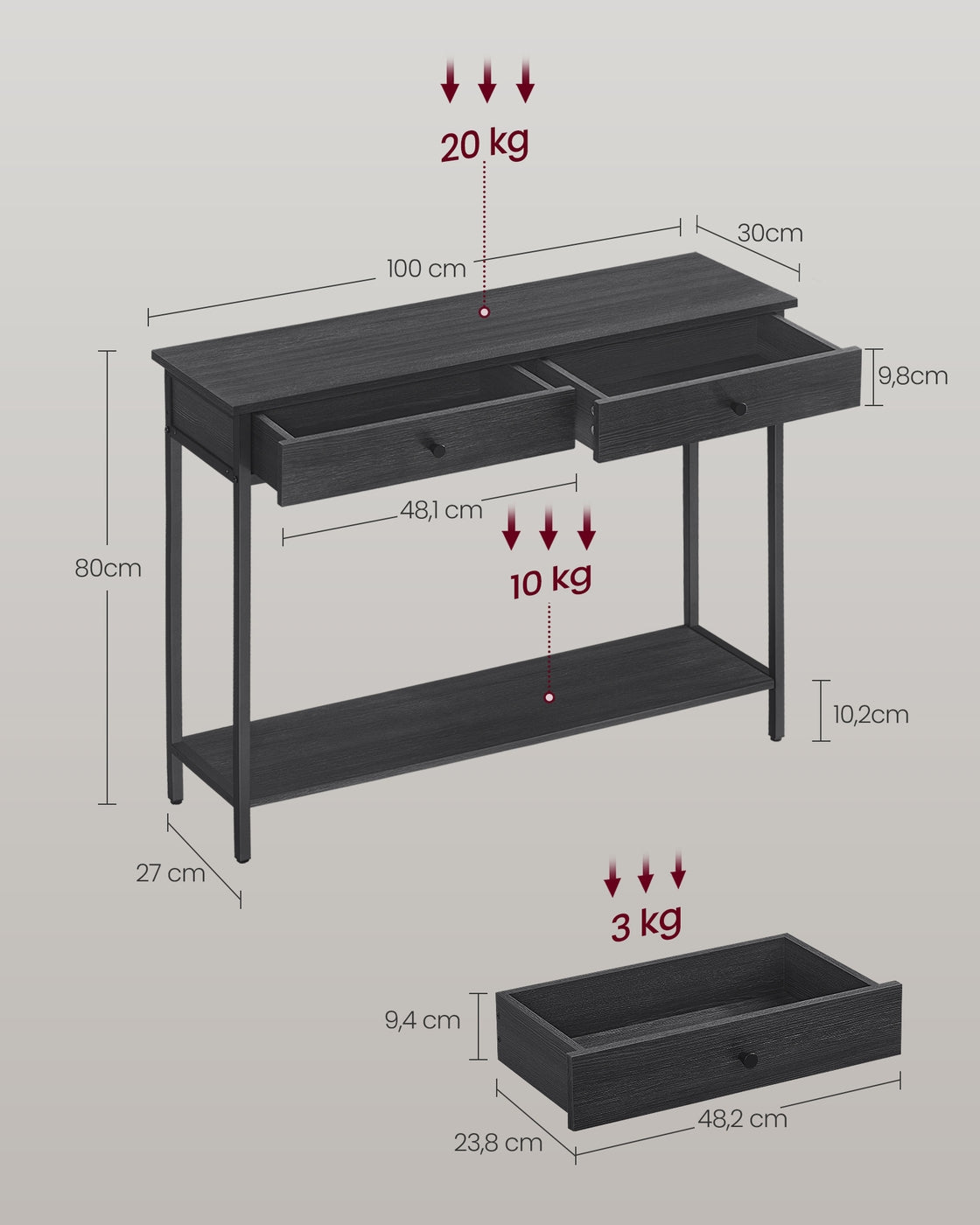 Consoletafel met 2 Lades en Stalen Frame, 100 cm